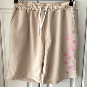 Romwe beige casual Shorts Pink Floral drawstring elastic waist band men's M